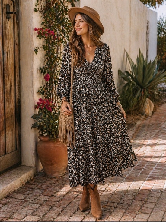 Old Navy Dresses & Skirts - Old Navy Long-Sleeve Fit & Flare Smocked Midi Dress featuring a black and cream